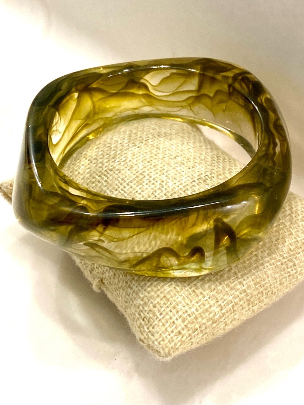Vintage Mod Square Marbled Olive Green Resin Bangle Bracelet Chunky Sage Jade